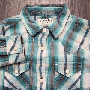 Ariat Shirt Small (8) Green Plaid Retro Fit Western Pearl Snap Long Sleeve Youth